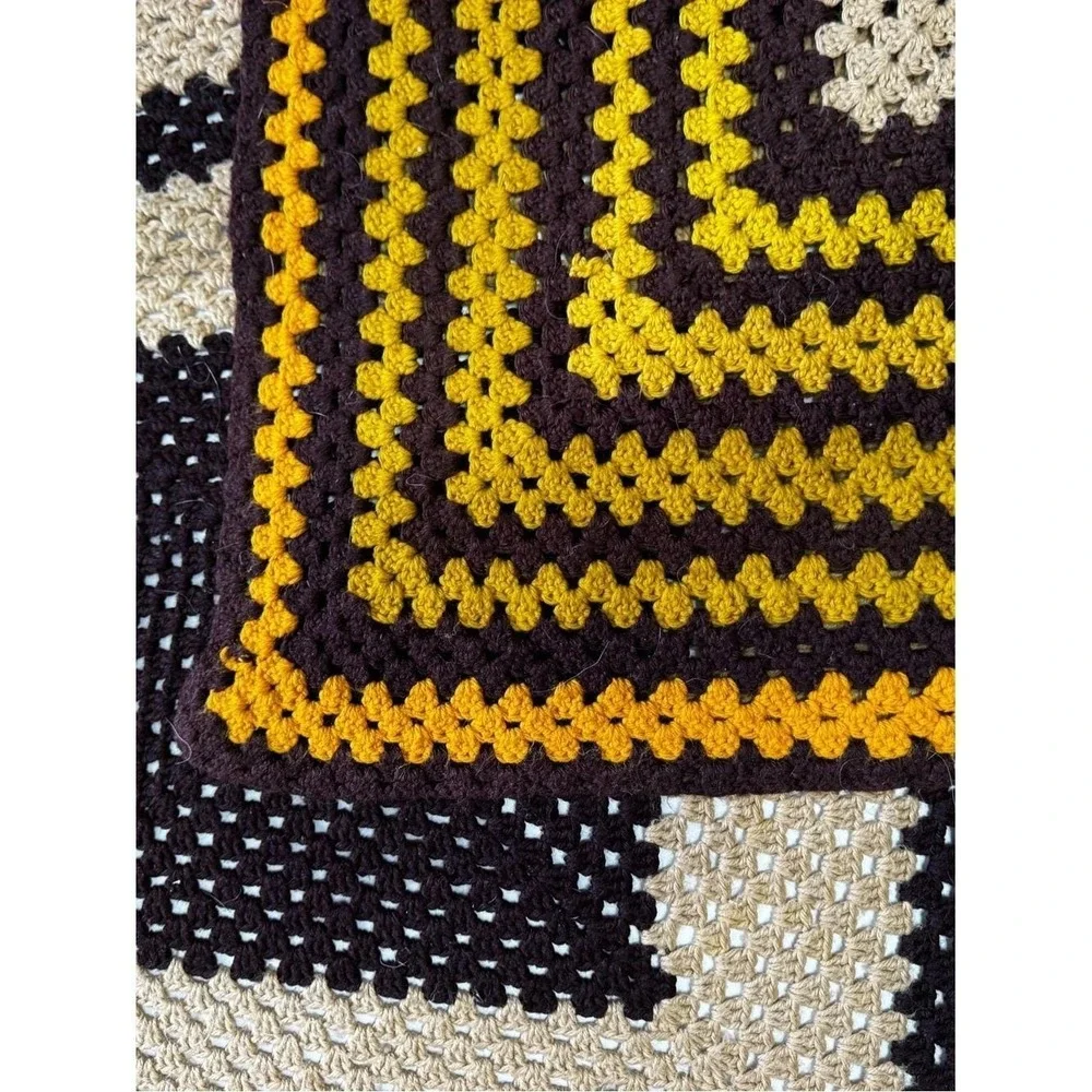 VTG 70s Crochet Afghan Handmade Brown Orange Yellow Band Van Basement Throw